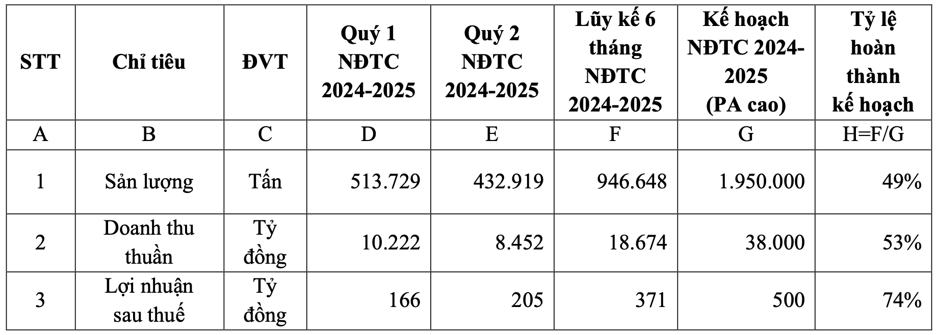 Bảng tổng hợp kết quả kinh doanh hợp nhất của HSG 06 tháng đầu NĐTC 2024 - 2025