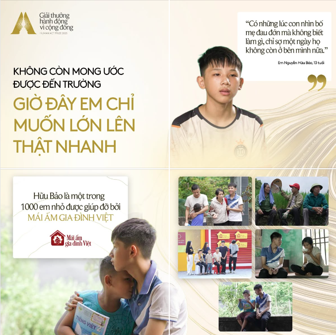Câu chuyện của em Hữu Bảo được chia sẻ trên trang chính thức của giải thưởng Human Act Prize 2025 đang tạo nên hiệu ứng tích cực và lan tỏa mạnh mẽ.