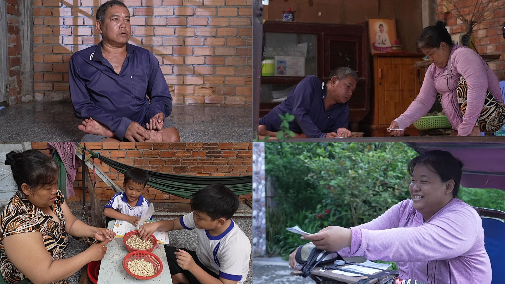 Gia đình 4 người của em Minh Tiến sống trong nghịch cảnh khi cả cha và mẹ đều bị khuyết tật chân bẩm sinh nhưng vẫn bán vé số và cạo hạt điều để mưu sinh, nuôi hai con ăn học.