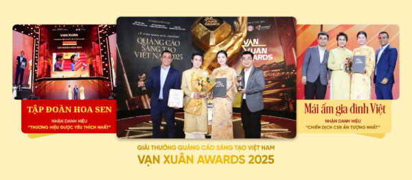 Ông Trần Đình Tài – Phó Tổng Giám đốc Tập đoàn Hoa Sen, ông Trần Đình Phương – Phó Tổng Giám đốc Công ty Truyền thông Bee cùng các diễn viên Lâm Vỹ Dạ, Huỳnh Lập tại lễ trao giải Vạn Xuân Awards 2025.