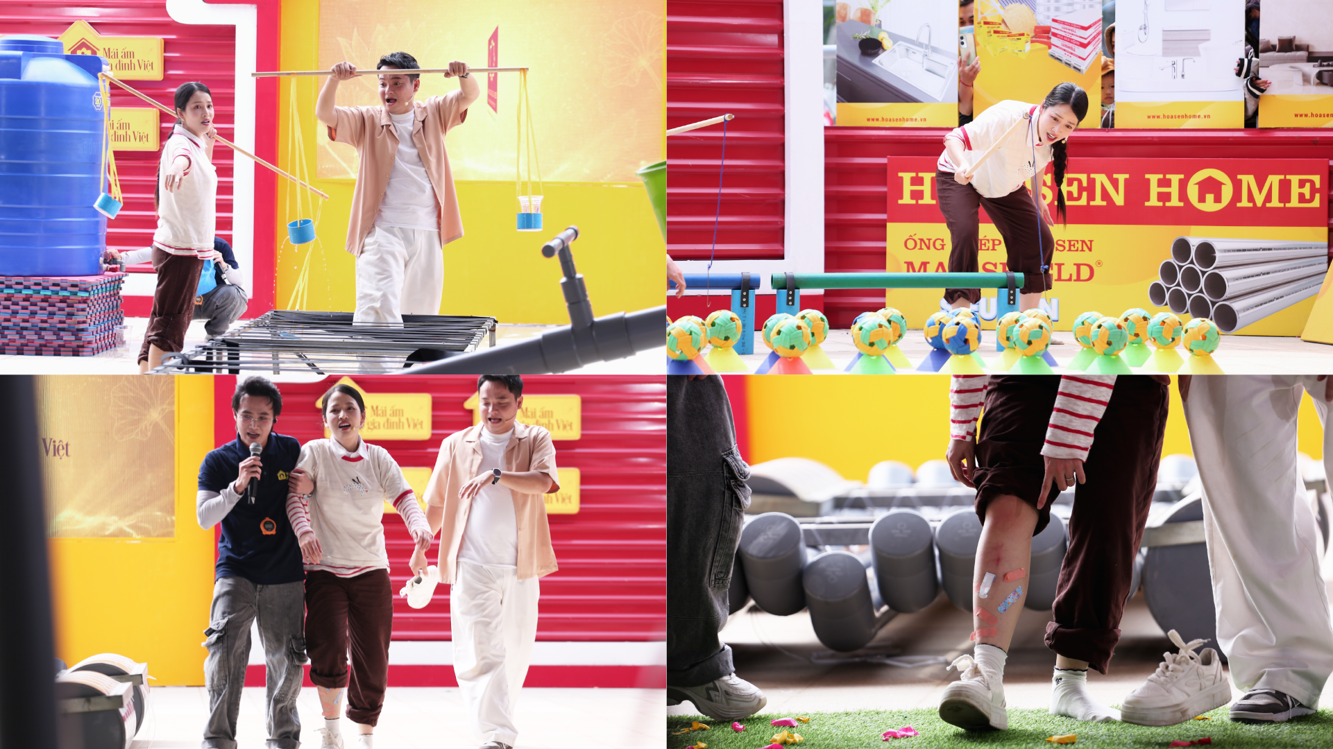 Puka và Lê Nhân hết mình với các thử thách, cố gắng hoàn thành phần thi để giúp đỡ các em nhỏ.