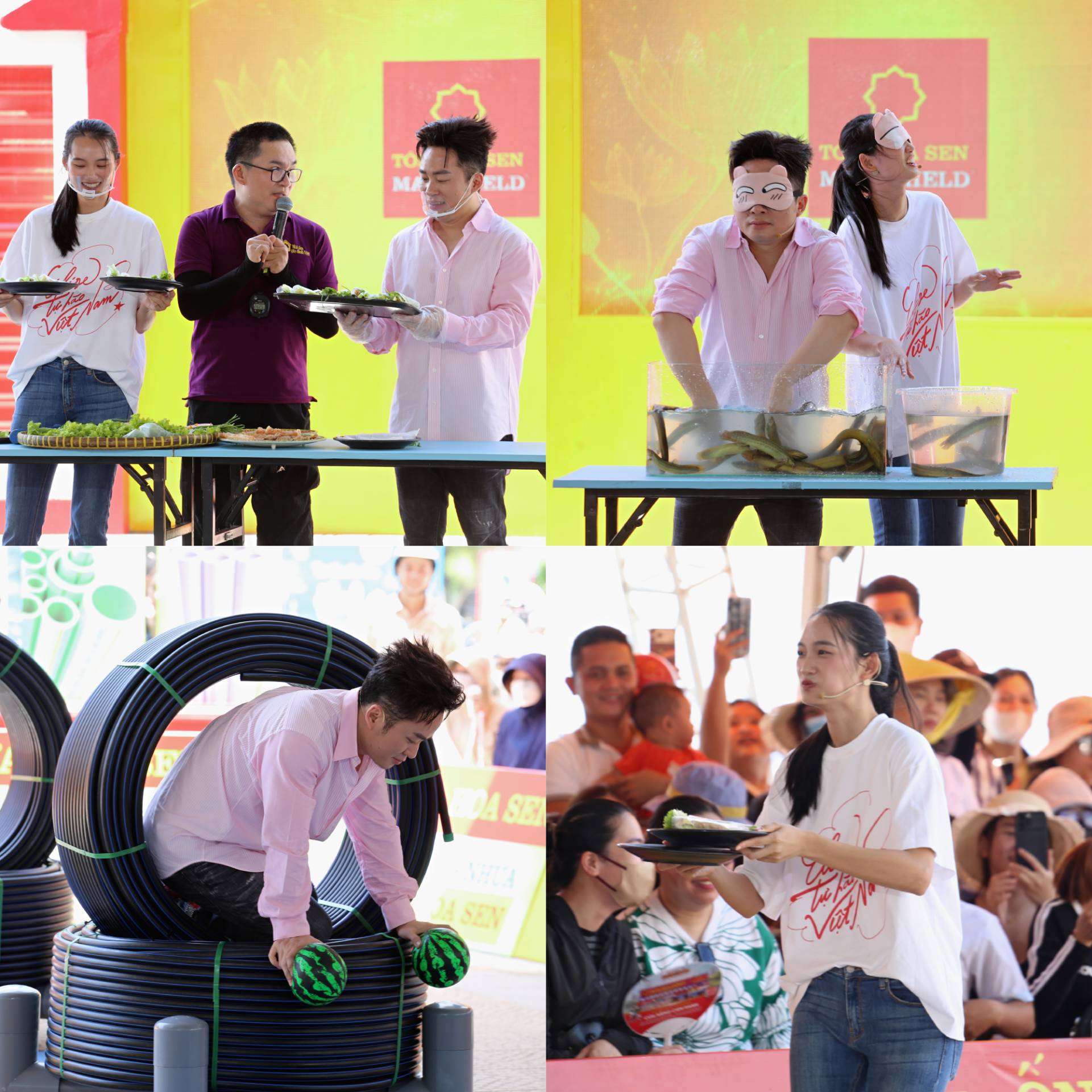Tùng Dương và Quỳnh Anh nỗ lực hoàn thành các thử thách, đồng hành cùng ba em nhỏ trong hành trình chinh phục phần thưởng của chương trình